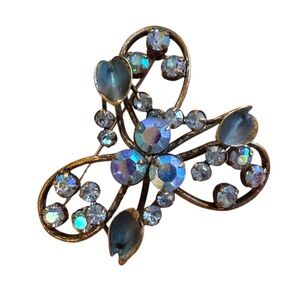 Vintage 1940s Triad AB Blue crystal antiqued floral Crystal Brooch